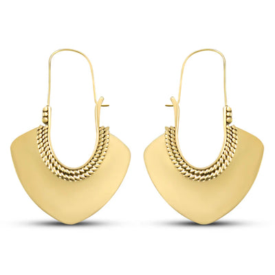 Front view of gold plated basket twisted line long drop hoop earrings with smooth curved design.