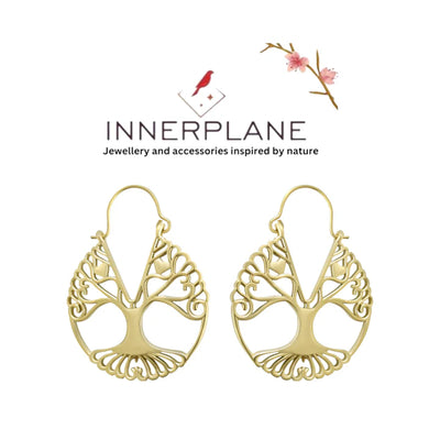 Front view of Gold Plated Brass Tree of Life Filigree Medium Sized Drop Hoop Earrings.