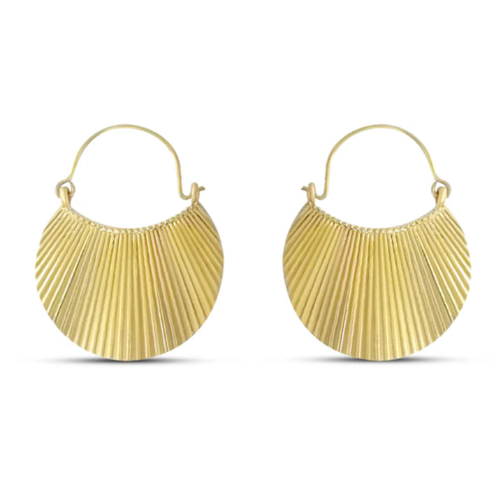 Front view of Gold Scallop Shaped Drop Earrings with elegant textured design.
