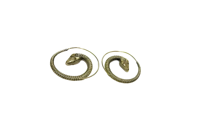 Close-up view of gold snake threader earrings showing snake detailing.