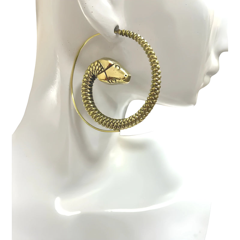Gold snake threader earring on mannequin stand, showcasing 1.5-inch minimalist drop design.