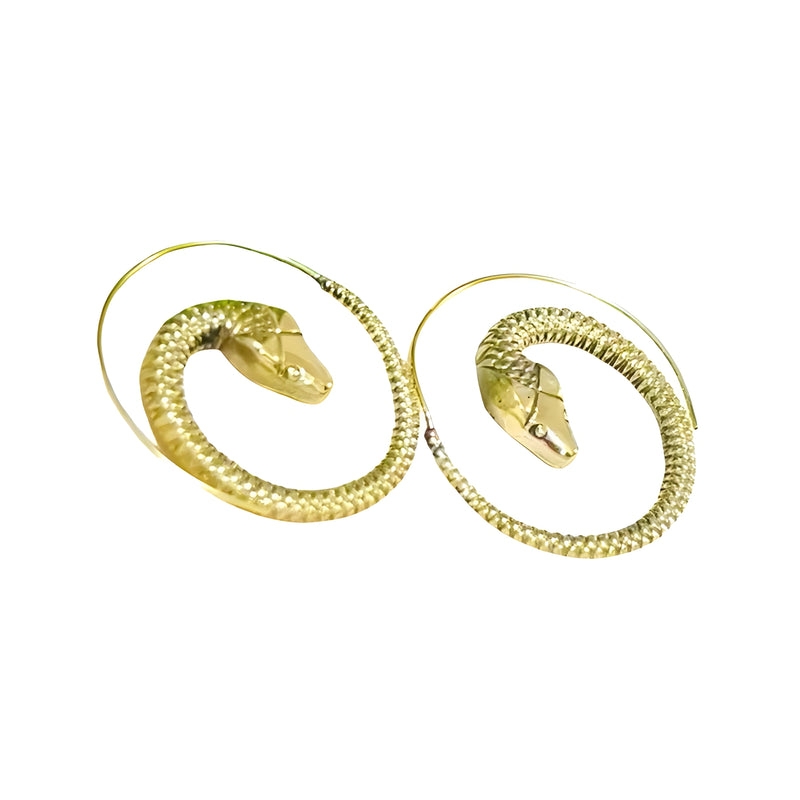Pair of gold snake threader earrings with textured spiral design.
