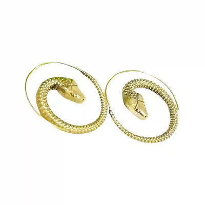 Pair of gold snake threader earrings with textured spiral design.