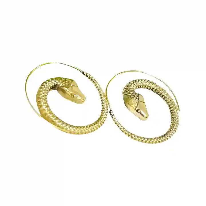Pair of gold snake threader earrings with textured spiral design.