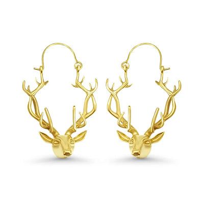 Golden deer antler earrings with detailed stag head design, forest-inspired statement jewelry.