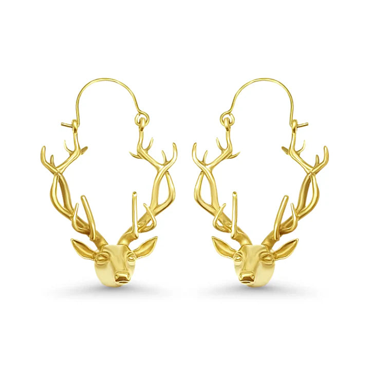 Golden deer antler earrings with detailed stag head design, forest-inspired statement jewelry.