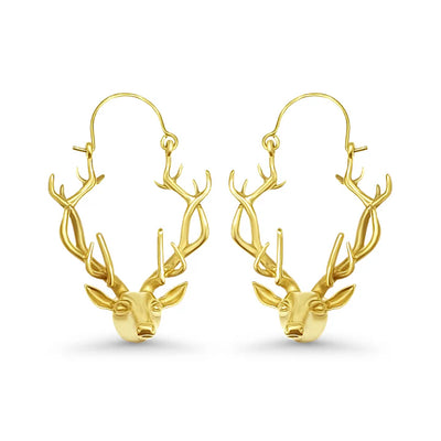 Side view of golden deer antler earrings showing intricate antler details, luxury handcrafted design.
