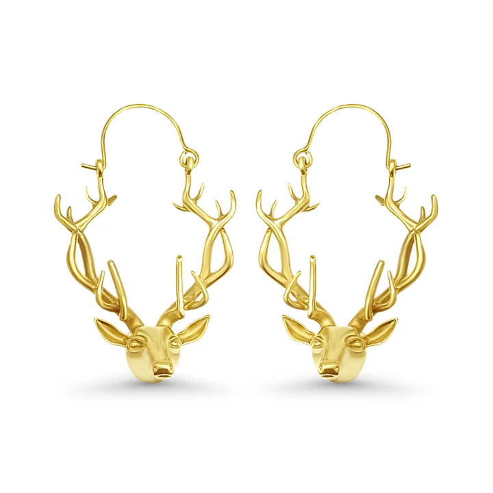 Side view of golden deer antler earrings showing intricate antler details, luxury handcrafted design.