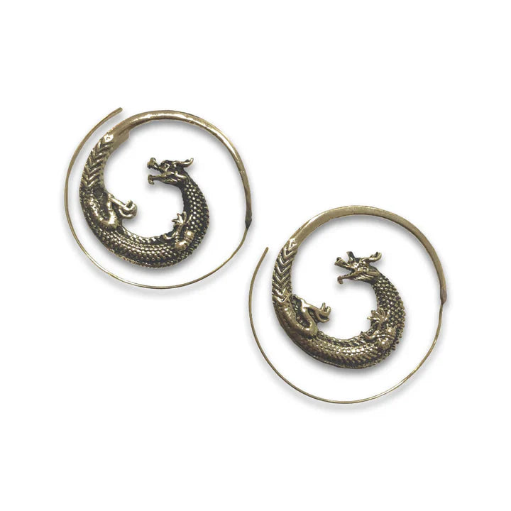 Front view of golden dragon hoop earrings with intricate dragon design, mythical-inspired style.