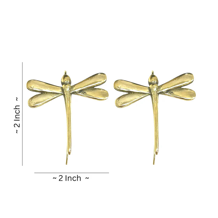 Golden dragonfly earrings showing size and length dimensions, delicate lightweight studs.