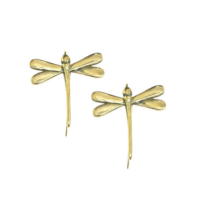 Golden dragonfly stud earrings with metallic wings, elegant nature-inspired design.