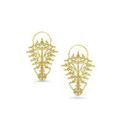 Front view of golden filigree leaf earrings with detailed cutout design, elegant boho accessory.