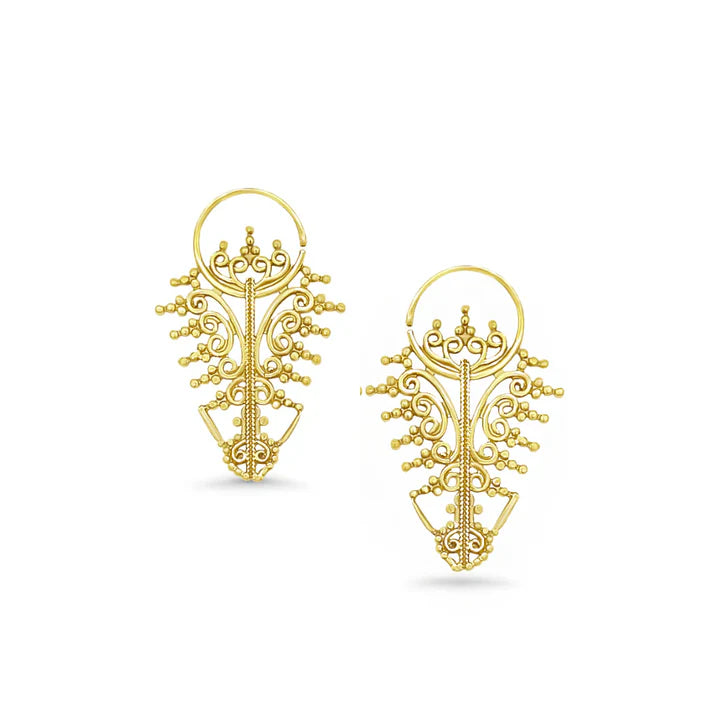 Front view of golden filigree leaf earrings with detailed cutout design, elegant boho accessory.