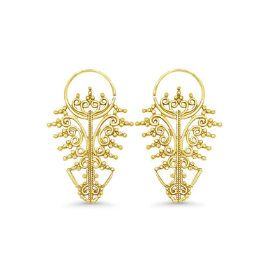 Pair of golden filigree leaf earrings displayed on plain white surface, traditional artisan style.