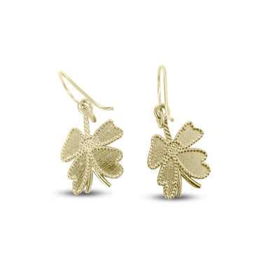 Golden four-leaf clover earrings with textured detailing, lucky charm-inspired jewelry.