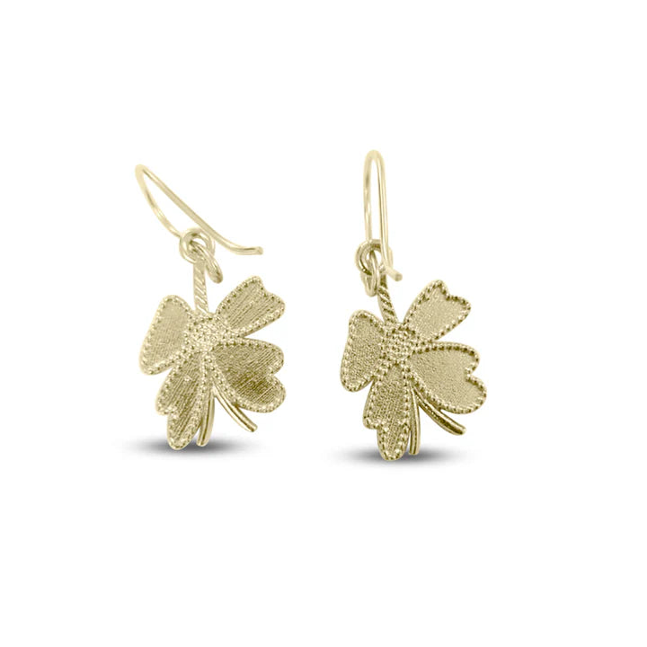 Golden four-leaf clover earrings with textured detailing, lucky charm-inspired jewelry.