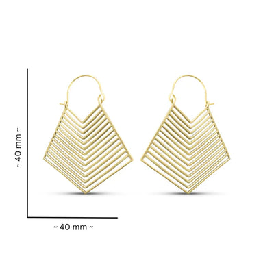 Golden geometric hoop earrings showing size dimensions, structured layered design.