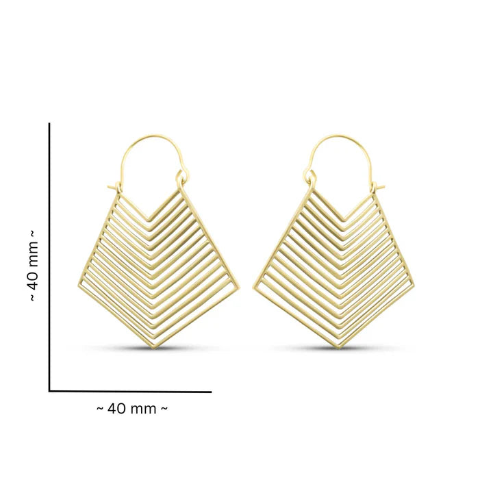 Golden geometric hoop earrings showing size dimensions, structured layered design.