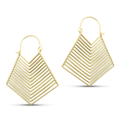 Front view of golden geometric hoop earrings, angular layered pattern design.