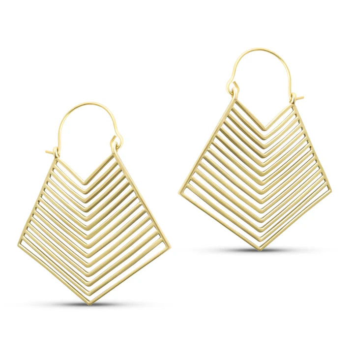 Front view of golden geometric hoop earrings, angular layered pattern design.
