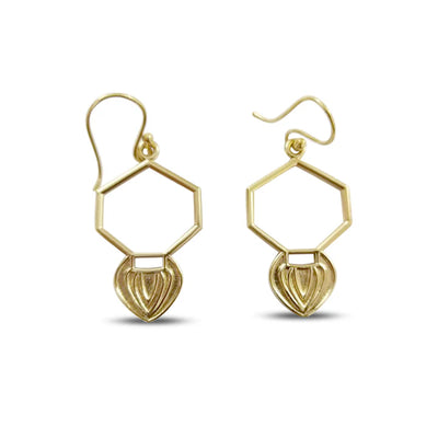 Golden hexagon heart earrings with geometric design, modern and elegant drop jewelry.