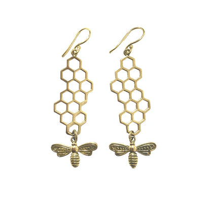 Golden honeybee drop earrings with honeycomb pattern, nature-inspired jewelry design.