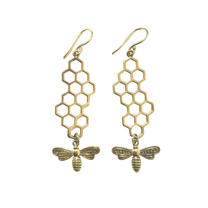Golden honeybee drop earrings with honeycomb pattern, nature-inspired jewelry design.