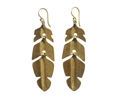 Golden layered leaf drop earrings with textured finish, boho nature-inspired jewelry.