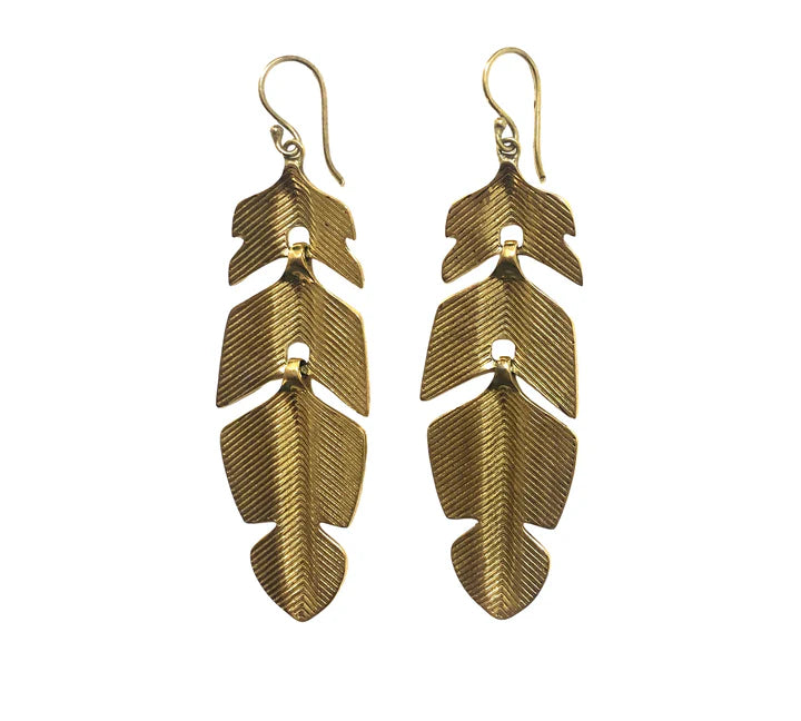 Golden layered leaf drop earrings with textured finish, boho nature-inspired jewelry.