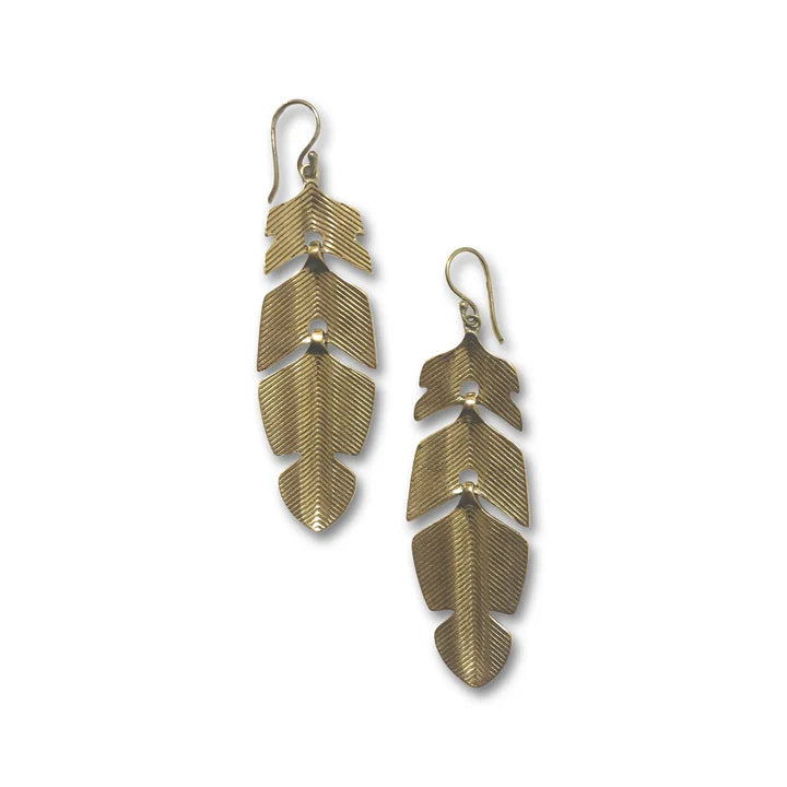 Pair of golden layered leaf earrings displayed on white background, lightweight elegant accessory.