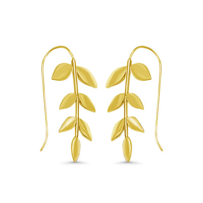 Front display of golden leaf vine drop earrings, minimalist botanical-inspired accessory.