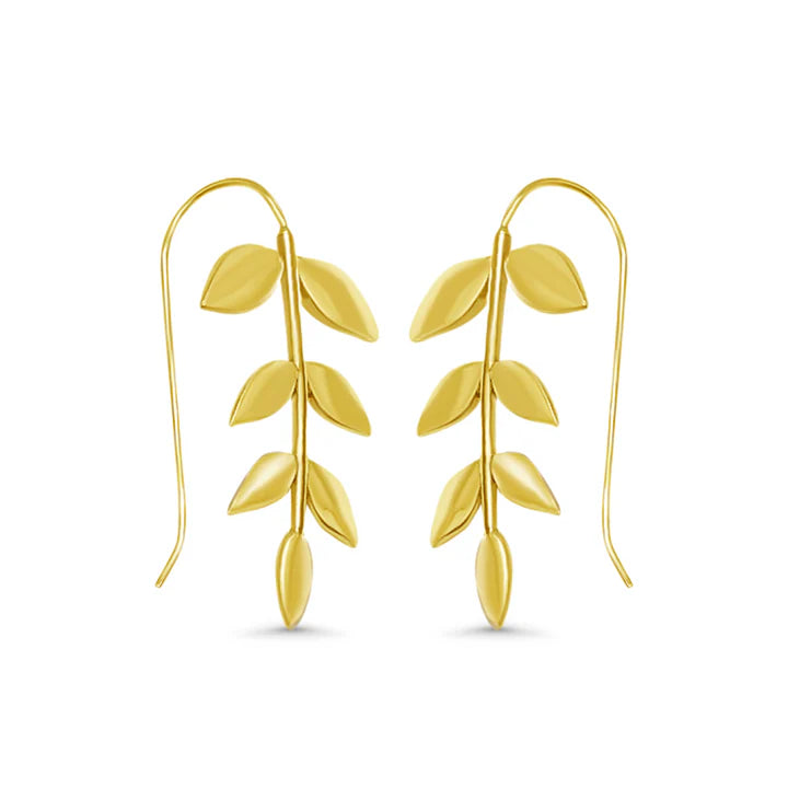 Front display of golden leaf vine drop earrings, minimalist botanical-inspired accessory.