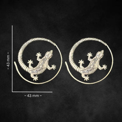 Golden lizard hoop earrings showing detailed size dimensions, handcrafted metal design.