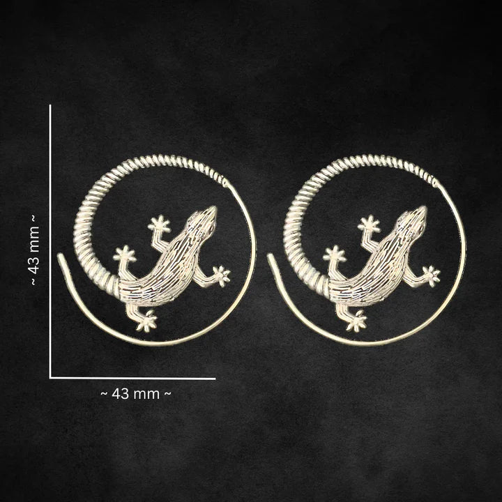Golden lizard hoop earrings showing detailed size dimensions, handcrafted metal design.