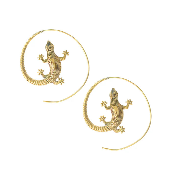 Front view of golden lizard hoop earrings with intricate reptile design.