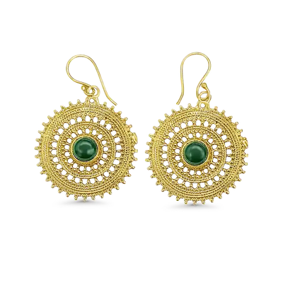 Pair of golden mandala drop earrings displayed on white background, detailed handcrafted design.
