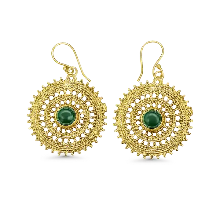 Pair of golden mandala drop earrings displayed on white background, detailed handcrafted design.