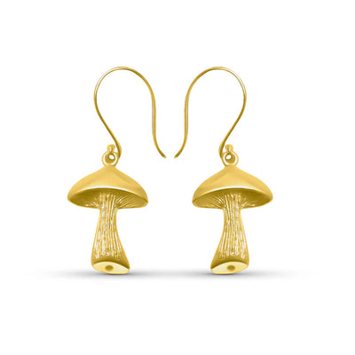 Gold mushroom drop earrings with textured stem detail, whimsical nature-inspired jewelry.