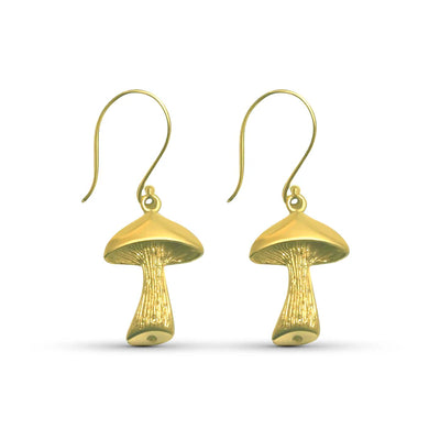 Minimal display of golden mushroom drop earrings, elegant artistic design.