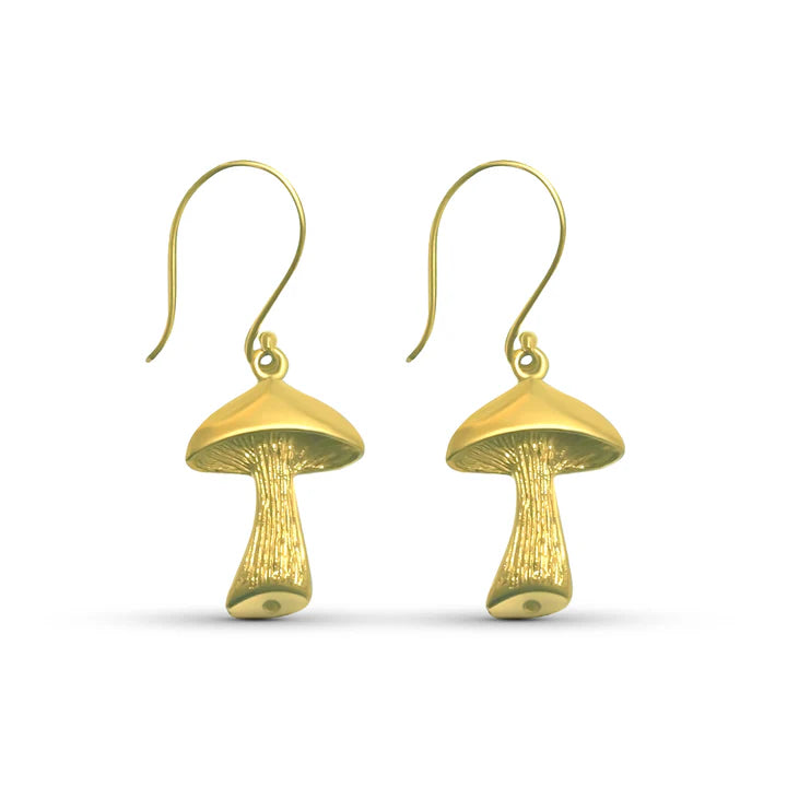 Minimal display of golden mushroom drop earrings, elegant artistic design.