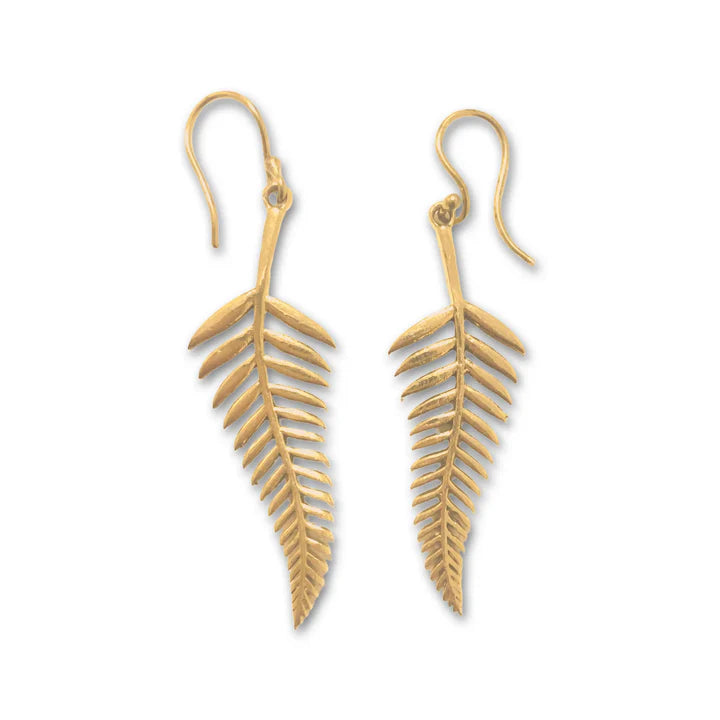 Gold palm leaf drop earrings with detailed cutout design, nature-inspired jewelry.