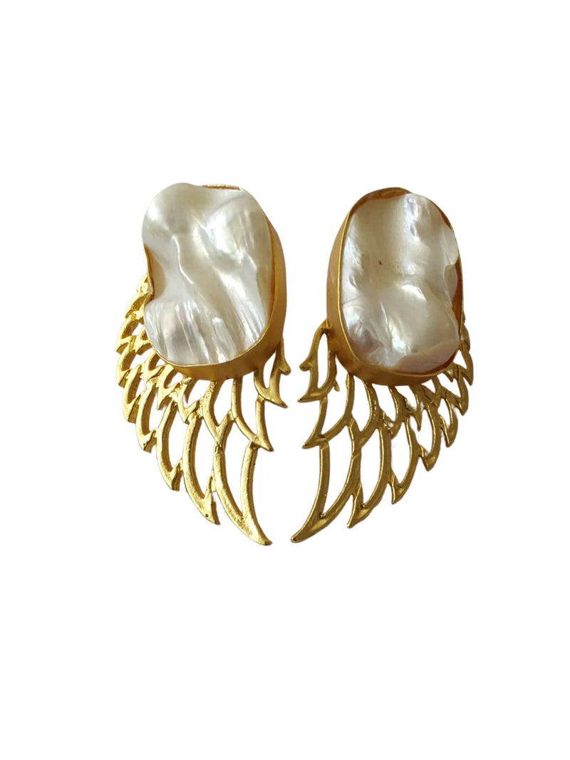 Golden pearl wing stud earrings with detailed feather design, angelic statement jewelry.