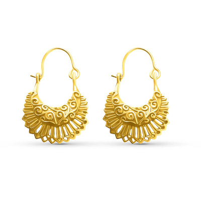 Golden radiance boho hoop earrings with intricate ethnic pattern, gold-plated finish.