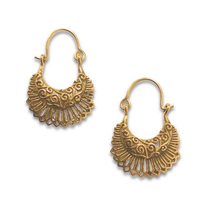 Gold boho hoop earrings displayed on plain background, detailed handcrafted design.