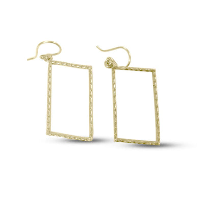 Golden rectangle frame drop earrings with open geometric design, minimalist statement jewelry.
