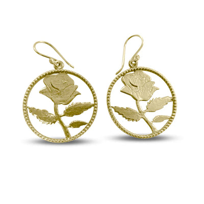 Golden rose circle earrings with detailed flower and leaf design, elegant botanical jewelry.
