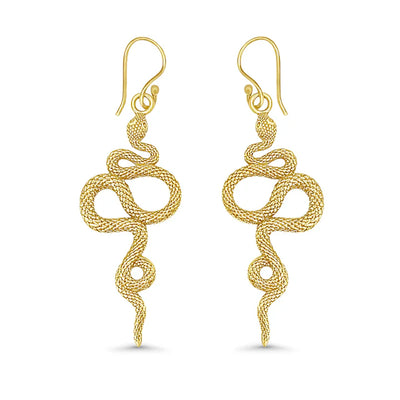 Golden serpent drop earrings with intricate coiled snake design, bold statement jewelry.