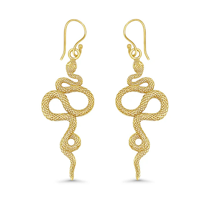 Golden serpent drop earrings with intricate coiled snake design, bold statement jewelry.