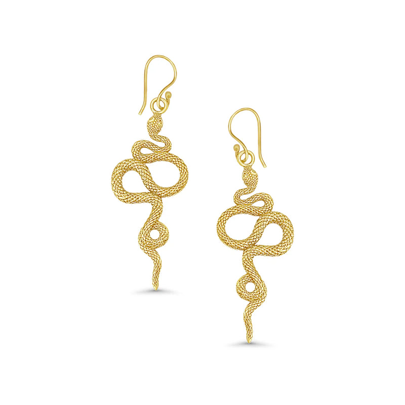 Pair of golden snake drop earrings displayed on white background, artistic serpent-inspired design.