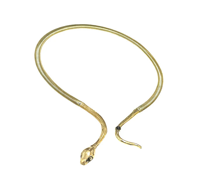 Golden snake collar necklace with sculpted serpent head detail, adjustable open design.